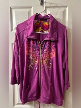 Oleg Cassini Multicolor Abstract Print Zip Jacket in Fuchsia and Mustard
